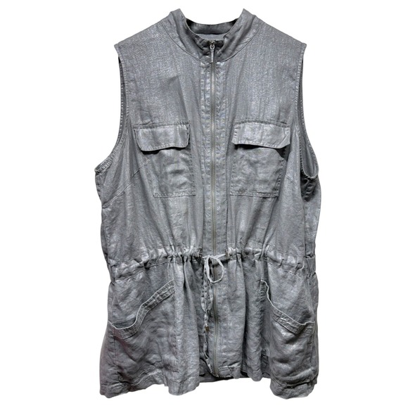 Ellen Tracy Linen Blouse Full‎ Zip Cinched Waist 2X Silver Metallic Sleeveless - Picture 1 of 6